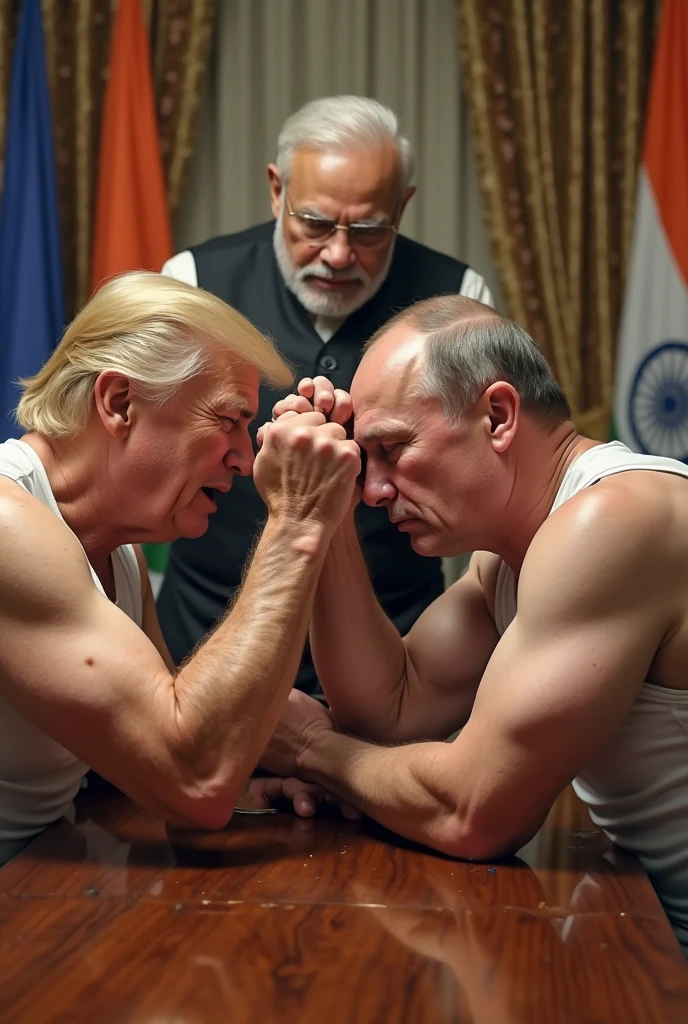 I want to seat in a table Mr.
 Donald trump and Vladimir Putin. They should be looking at each other and wearing swiming suits.