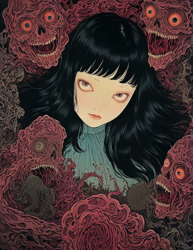 An illustration、art、70s horror movie posters, Supervised by Junji Ito、High detail, Realistic Shadows、Analog Style, chromatic aberration, Surrealism、Complementary Gradient