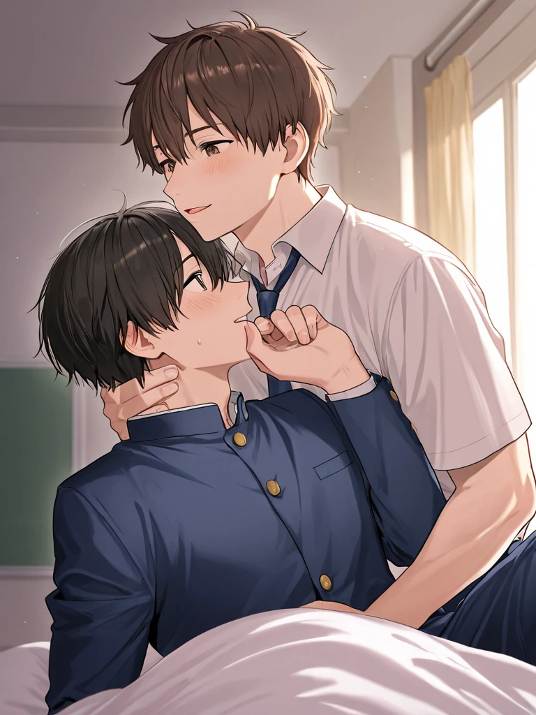 score_9, score_8_above, score_7_above, fountain_cheered up, 1 boy 1 boy man father son, , hug, kiss, hand on head, sitting on mother's lap