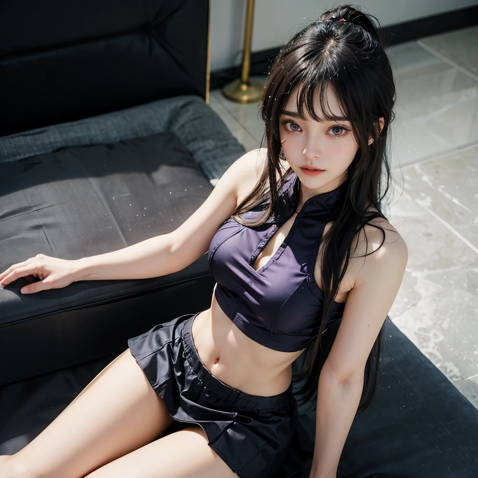 (ultra-realistic realism), (illustratio), (high resolution), (8K), (extremely detaile), (best illustration), (Beautiful and delicate eyes), (Best quality), (Super detailed), (tmasterpiece), (Wallpapers), (Detal Face), Tik, (dynamicposes), Full body image of a person with long hair and  (redtank top), hinata hyuga, hinata hyuga from naruto, from naruto, as an anime character, perfect anime face, she has dark blue hair with tied up , female anime character, anime characters, best anime girls, style hime cut hair, dark blue hair, pink lips, light purple eyes, smile,huge bearsts,big tits, use neck hair konoha logo headband style,pretty face:1.3) mini underpants), (with bad balconey) red clothes 