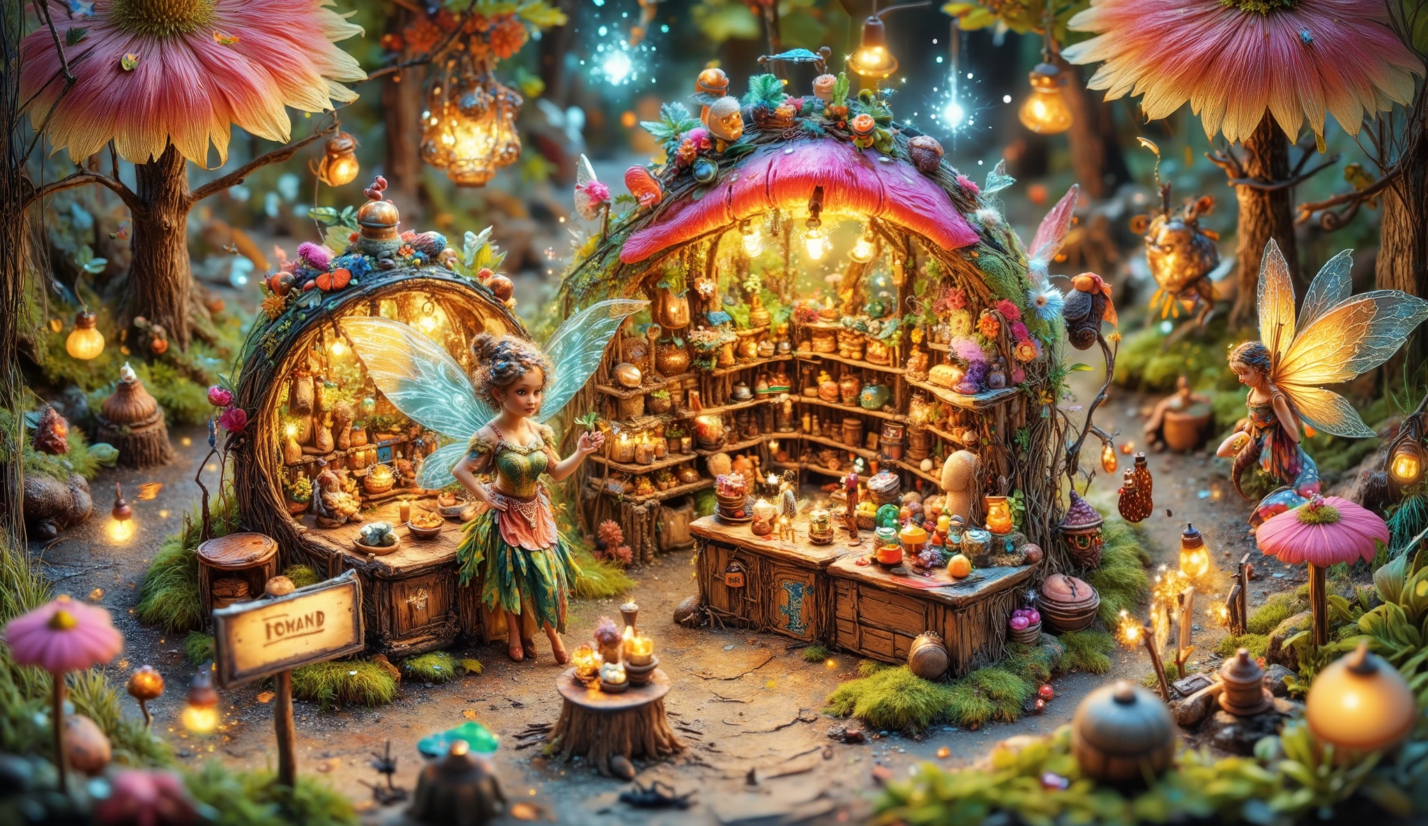Ultra-detailed whimsical illustration of a fairy participating in a “Mini Shop Showdown” contest, proudly standing in front of her dream micro-storefront. The tiny shop is built into a giant flower, with glowing petals for an awning and shelves made of bark and acorns. The fairy wears a custom apron and poses confidently, ready to win. The scene is full of miniature signs, enchanted products, sparkles, and floating fairy judges in the background. Bright, colorful, joyful atmosphere, UHD 128k style.