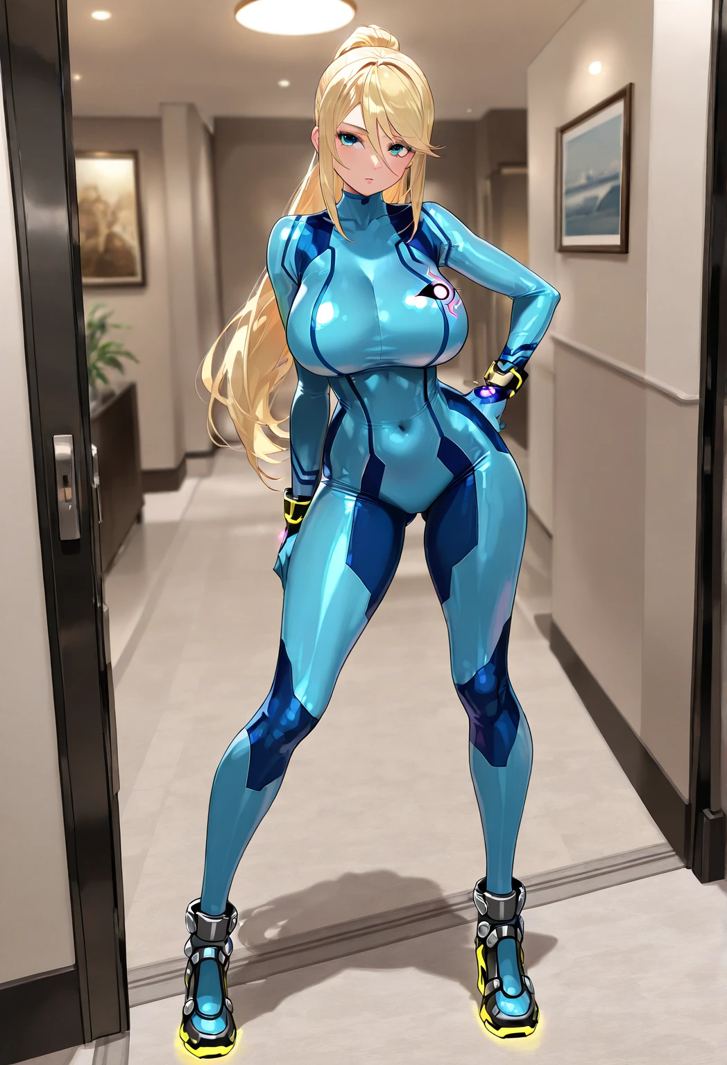 girl is curvy with thick thighs and wide hops, a big thick ass, massive ass, medium boobs, one guy with dark skin, Girl is dancing, guy is behind her, guy is grinding on her, he's pressed up against her, She is wearing a tight red dress, he is wearing regular clothes, She is blushing and he is smirking, girl has blonde hair in a ponytail, his hand is on her hip, he's groping her