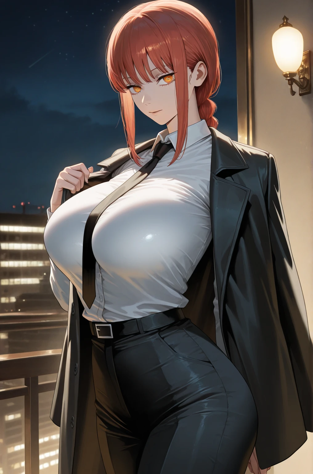 Makima (Chainsaw Man), (RAW Photos: 1.2), (Photorealistic: 1.4), (Masterpiece: 1.3), (Best Quality: 1.4), Ultra High Resolution, Landscape, Solo Focus, (Full Body), (Detailed Eyes), (Detailed Facial Features), Tight Skin, (Shiny Skin), (One Girl, Solo), Happy, Smile, Bob Hair, long sleeve shirt,( formal satin pencil skirt), perfect style, (Erection, emerge, streak), waist shot, side view, hips curve, ass protruding, office, office suit, super beautiful lady,satin pencil skirt, grey satin