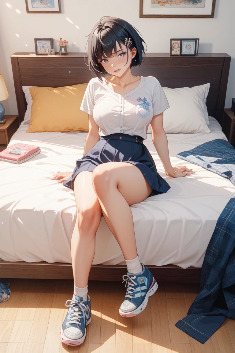 Chica anime, cara sonriendo, pelo corto, pelo rojo , vestido corto, cara sonriente, sentada sobre un arbol, fumando un cigarro, mirando de frente, invitando a reir
