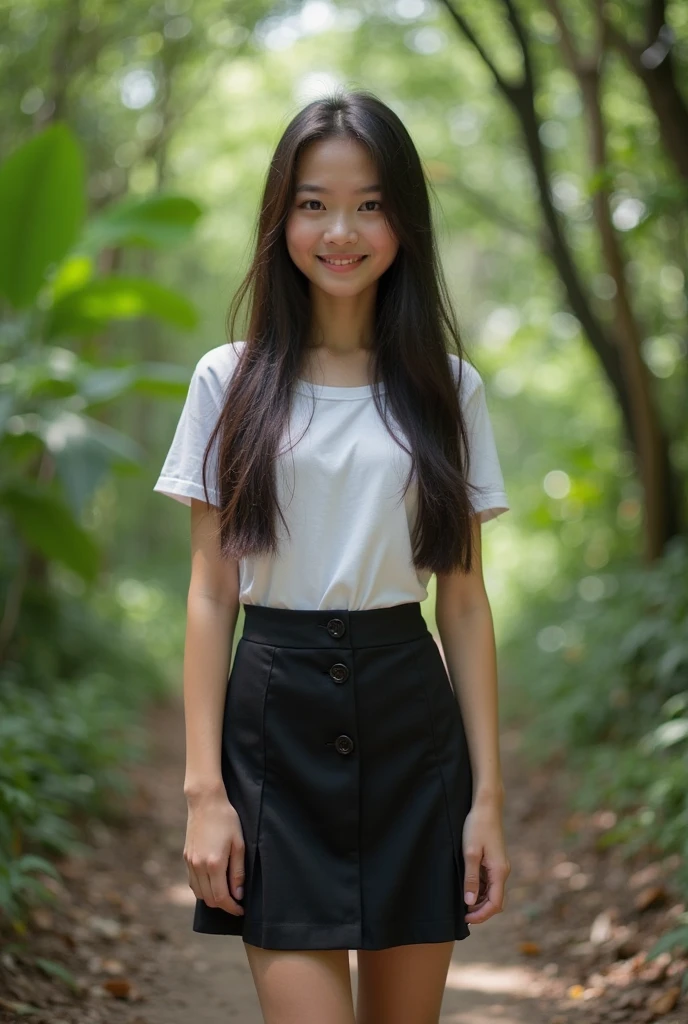 16 years old short skinny girl, tucked sport shirt, light green long skirt, long sleeves, black hair, at the forest, cute little smile