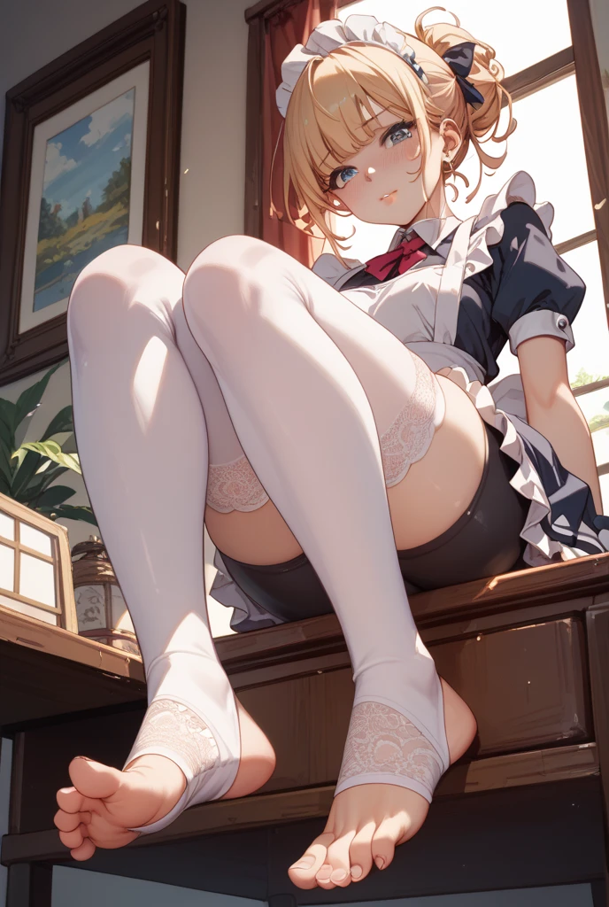 (nsfw), best picture quality, 8K, high quality, masterpiece:1.2), ((masterpiece)), (high detail, high quality, best picture quality), bokeh, DOF, cute round face, Portrait, (cute illustration:1.2), (perfectly balanced anatomy), (18 years old) , (Young face:1.3), showing armpits, Black Pantyhose、(widely spread legs:1.5), (extremely cute), (sapphire kawashima), (embarrassed hardly), (arms behind head, armpits),  (Slender body:1.4),, crying hard, sexy maid, (white panty stained by live juice:1.5)