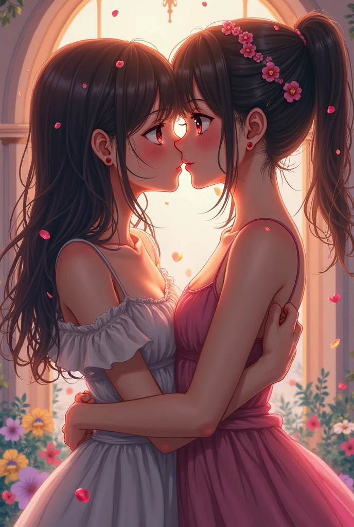 In a posh dreamscape, 2 girl with blue eyes and curly brown hair aims her bush-string bow at a heart of colorful flowers. Her arrow, Paris, turnul Eiffel, they hold hands , dogs and birds , sunset, adorned with delicate pink blooms, meets its mark with precision, guided by whispered devotion. As petals rustle in the surreal 2D dreamscape, her eyes meet Alraun, a big Breast Girl, adding intensity to the moment. Their almost kiss transcends reality amidst the floral tableau, a testament to love's enduring power in a chaotic world.