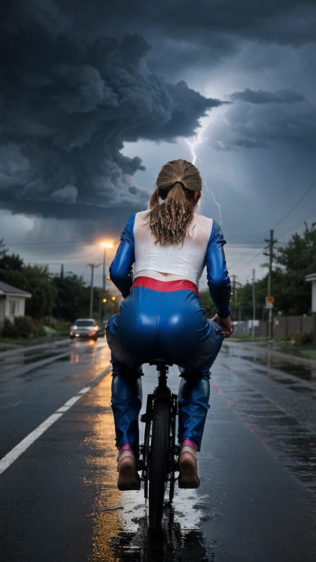 beautiful, realistic, 8k, masterpiece, best quality, extremely detailed face, perfect lighting, 1girl, solo, green eyes, yellow shirt, crop top, suspender shorts, from behind, cowboy shot, wet, outdoors, raining, night, moonlight , (((lightning))), big ass