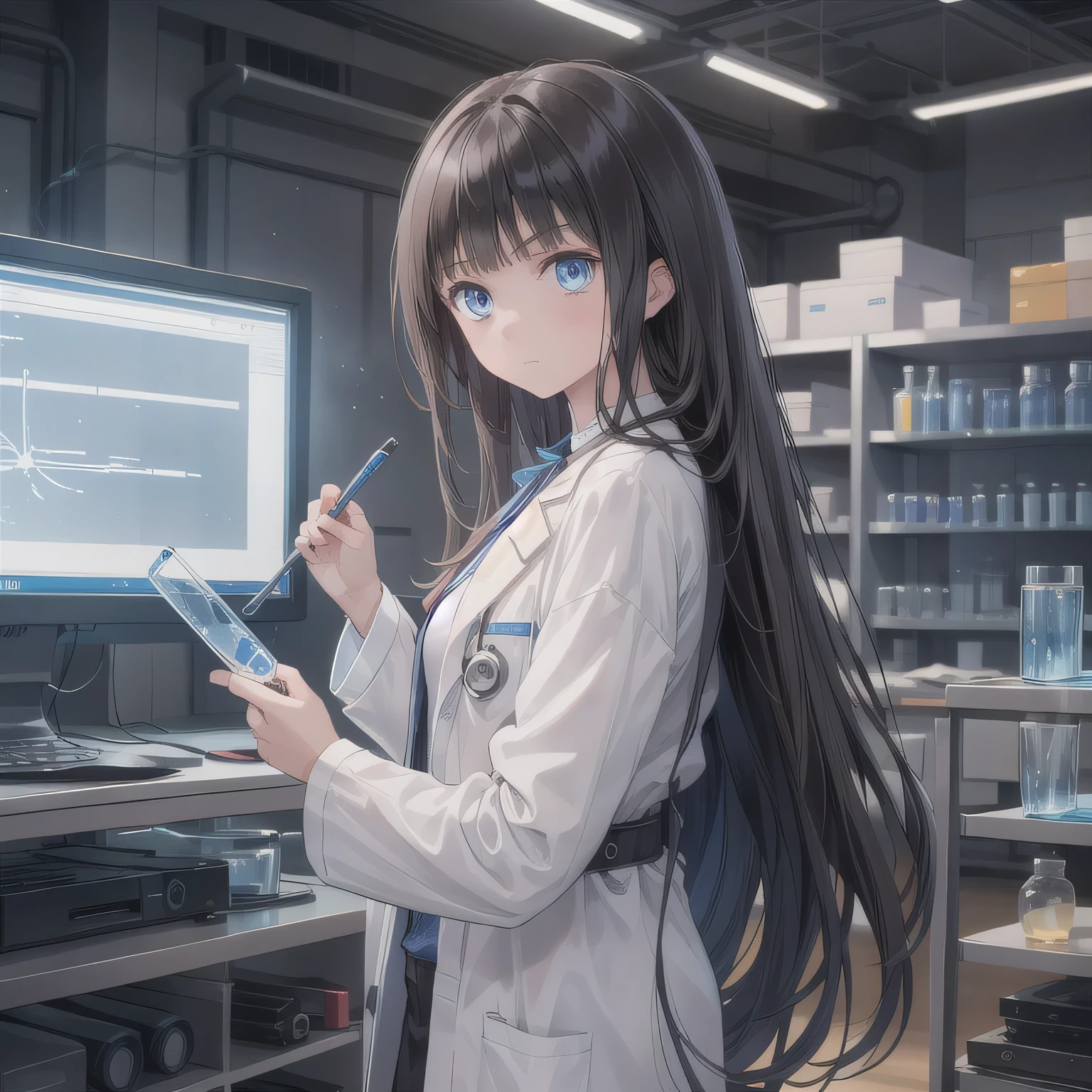 Depict a 20-year-old, stunningly beautiful woman conducting an experiment in a well-equipped science lab. She wears a pristine white lab coat over professional attire, her expression focused as she carefully handles scientific instruments. Whether her hair is long and neatly tied back or short and styled, she maintains a meticulous appearance suited for the lab environment. The background features shelves filled with scientific equipment, adding to the immersive atmosphere of the setting. Blue eyes, dark hair, long hair.