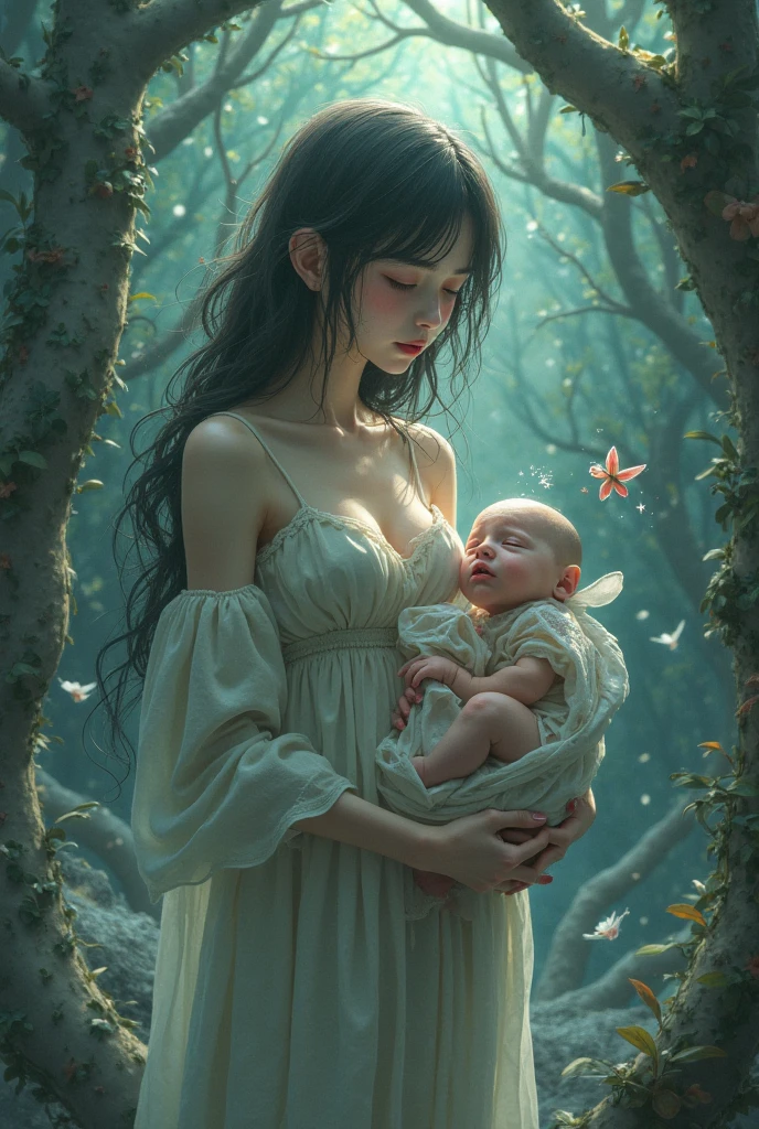 Closeup of a dark elf holding her baby, perfect