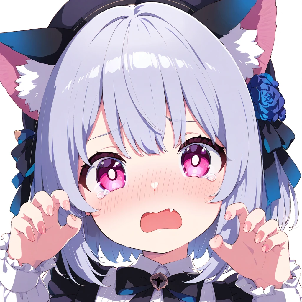 1girl, solo, upper body, okayudefault, fiday, open mouth, fangs, finger in another's mouth<lora:nekomata okayu 6 outfits:1> <lora:fang inspection day 2:0.8>