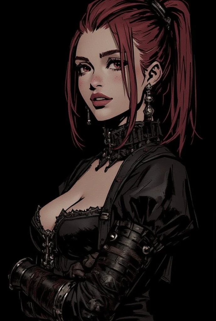 a punk girl, student, hooligan, short messy dark ginger hair, dark brown eyes, black punk clothes, punk, chains, black sleeveless top, baggy black pants, sadistic smile, aggressive, dark glossy lipstick, thug, (best quality,4k,8k,highres,masterpiece:1.2),ultra-detailed,(realistic,photorealistic,photo-realistic:1.37),cinematic lighting,dramatic shadows,gothic,dark fantasy,moody,dramatic, leather jacket hanging from the shoulders, thick body, big hips, big breasts, thin small lips, chubby hourglass body shape, full body picture