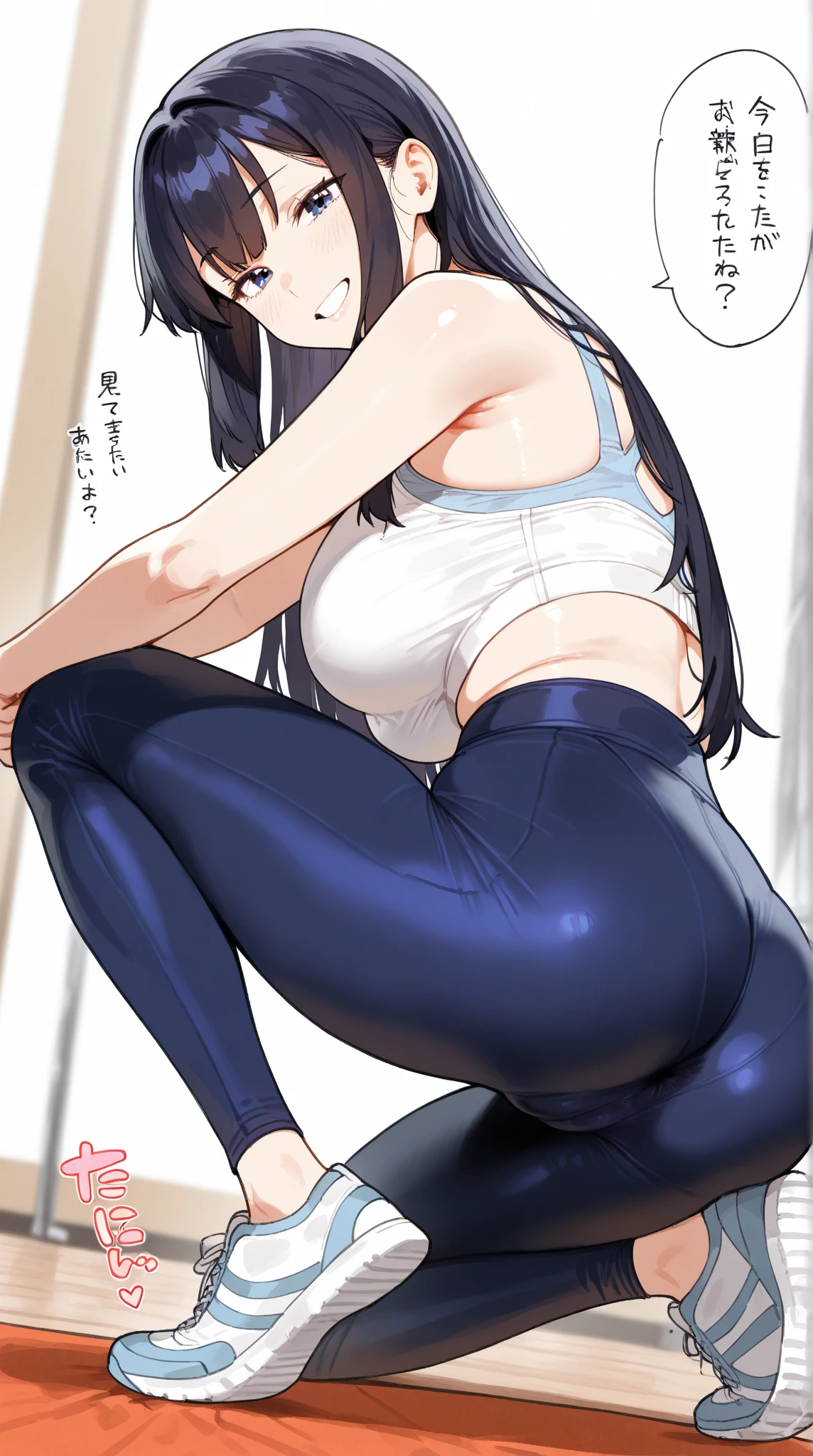 masterpiece, best quality, altina, yoga pants, sports bra, {smile}, standing on one leg, {leg_lift}, 1 girl, {{{standing_split}}}