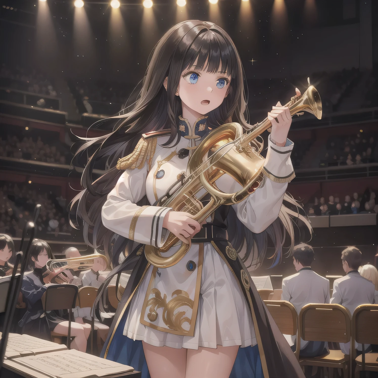 Depict a 20-year-old, dazzlingly beautiful woman playing a brass instrument in a grand concert hall. She wears an elegant yet practical band uniform, designed with intricate gold embroidery. Her posture is poised, fingers positioned with precision, her eyes focused as she plays passionately. The warm stage lighting highlights the shine of her instrument, creating a visually striking contrast between her and the surrounding orchestra. Blue eyes, dark hair, long hair.