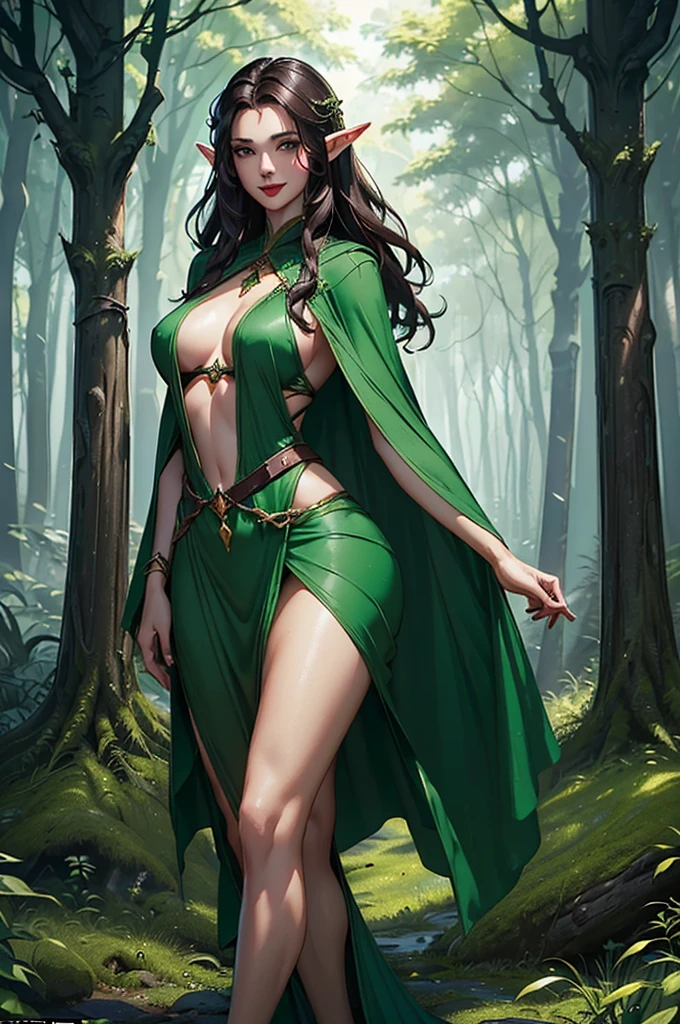a portrait of a babe temptress , druid, leaf robe, perfect face, pretty face, brown eyes, auburn hair, Hi-top fade, very short hair, flat chest, lush detail, absurdres, clothes made of leaves, full body shot