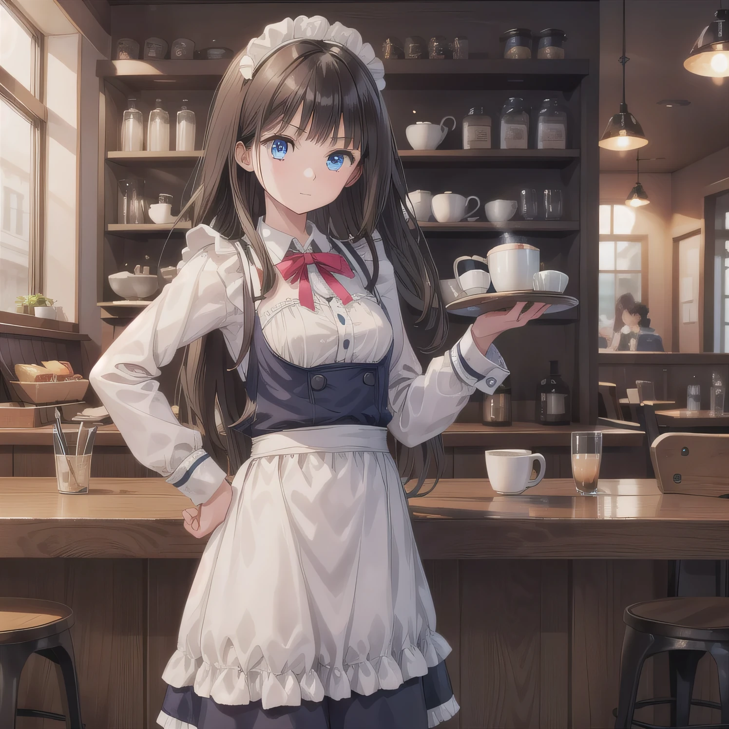 A girl is working as a waitress in a cozy cafe. She's wearing a classic maid outfit. The air feels warm and calm, and it's like you can almost smell the coffee through the picture. Blue eyes, dark hair, long hair.