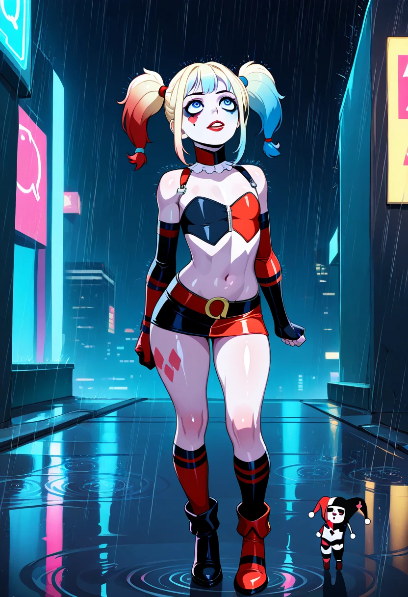 masterpiece, Portrait of a girl, emphasis on the face, Best quality, Super detailed, illustration, beautiful detailed eyes, full length, ((distant view, wide angle 1.31)), On the outside, young woman, Harley Quinn, intricate design, complex shaped lace tights, two hair tails (blue and red tail), sexual, Face to face, split, full length (full body 1.1.), very feminine, fighting stance, (masterpiece), magic photography, Spectacular lighting, Photorealism, ultra detailed, intimate portrait composition, 1. 4,8 k UHD, aesthetic, Cd., A high resolution, 8 k, better lighting, Best shade, Ultra-HD, A high resolution, sharp focus, Complex background, Cinematic lighting, ((Landscape view)), 4K block, (better lighting), ((Cinematic lighting)),