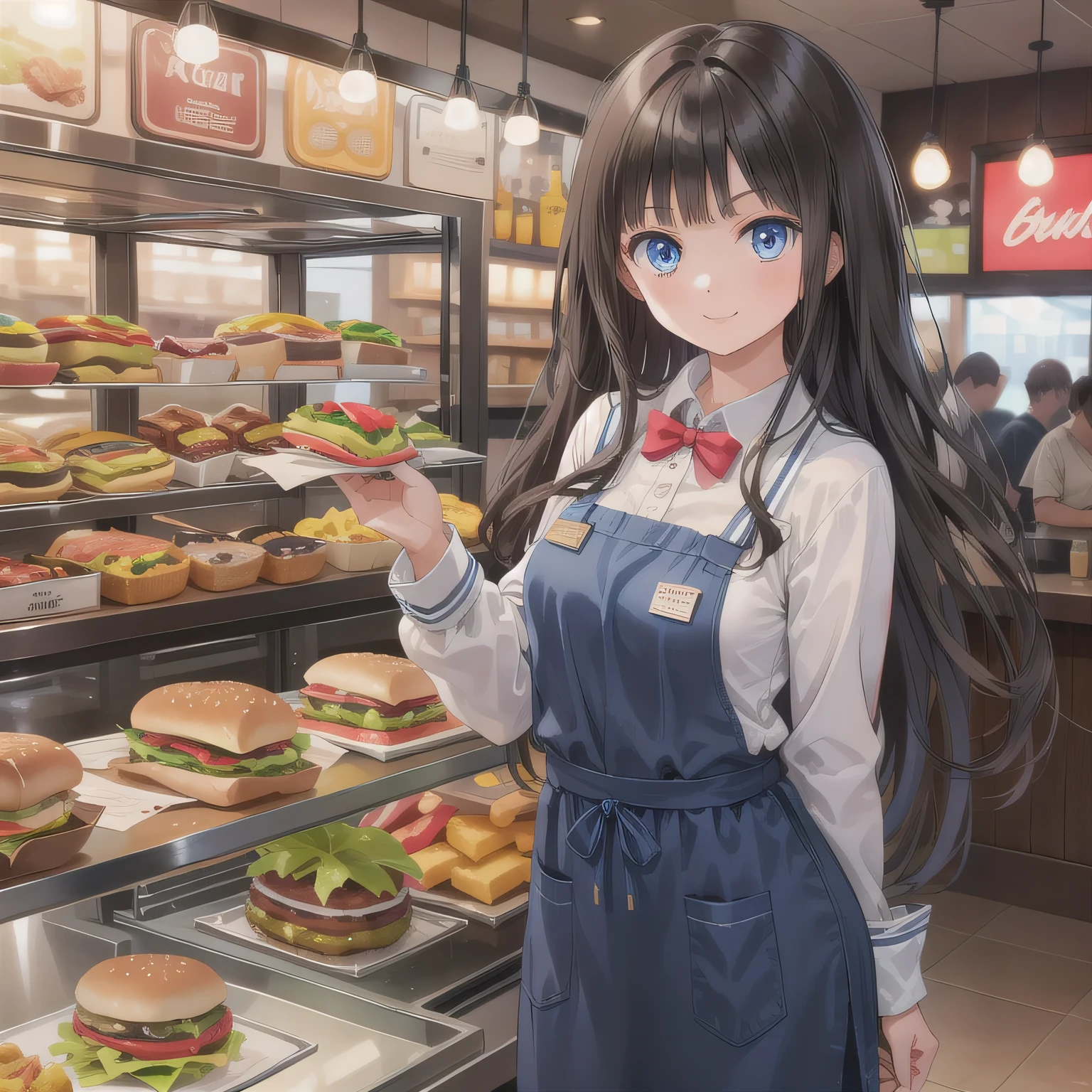 She is a cheerful girl working behind the counter at a cozy burger shop. She is wearing a cute burger shop uniform and smiling warmly at the customers. The background shows a bright and clean fast food counter with menu boards. Blue eyes, dark hair, long hair.