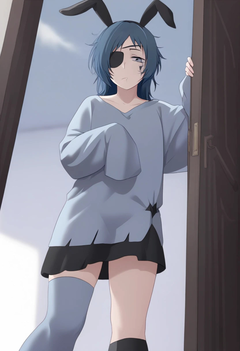 1girl, solo, nsfw,, (wearing nothing: 1.5), large breasts., empty eyes , kaito, two-toned hair, blue hair, purple hair, purple eyes, scarf, necklace,, short hair.　  nipple, big breasts、Abandoned amusement park、 file, crying ,flooding、abandoned hospital、fire、heavy snowfall、frozen、 、whole body