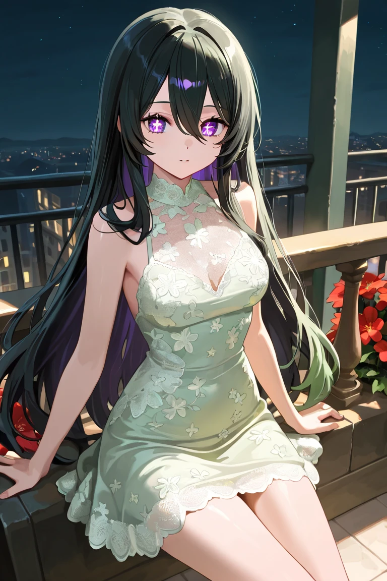 Young woman, anime, green eyes, black hair, long hair, wavy hair, big breasts, evening dress, open dress, long dress, strappy dress, cute face, cleavage, smile, ballroom, perfect body, elegant, sophisticated, solo, ball