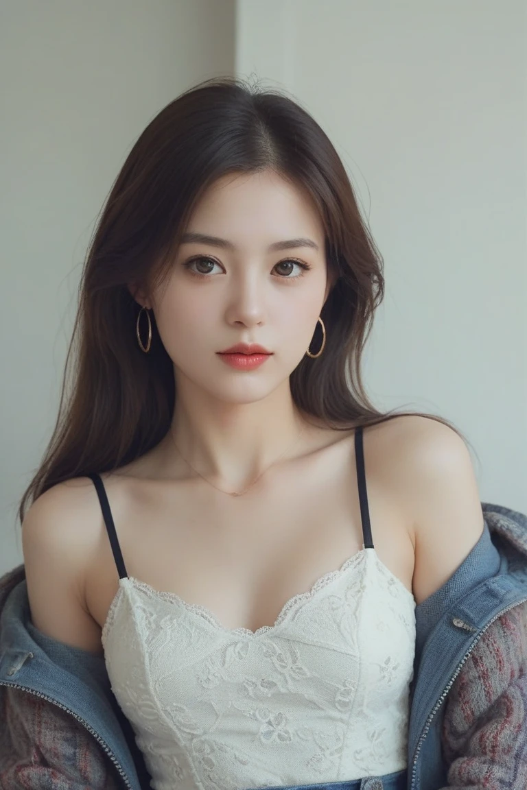 a woman, beautiful, amazing face and eyes, cosmetic, (backlessoutfit),(Extremely detailed beautiful face),(best quality), (Super detailed), (Extremely detailed CG unified 8k wallpaper),original photo, Professional photography, (standing), (White background),(black hair),(big eyes),(Soft light source),(A little cleavage),red glossy lips,White skin