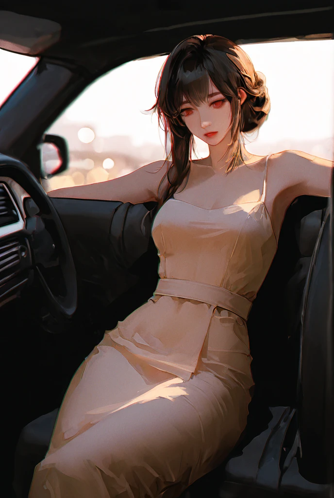 A young couple is romancing inside a car. The woman is wearing short sexy clothes. Her hips are very big and has a tattoo. It is night. There is a forest nearby.