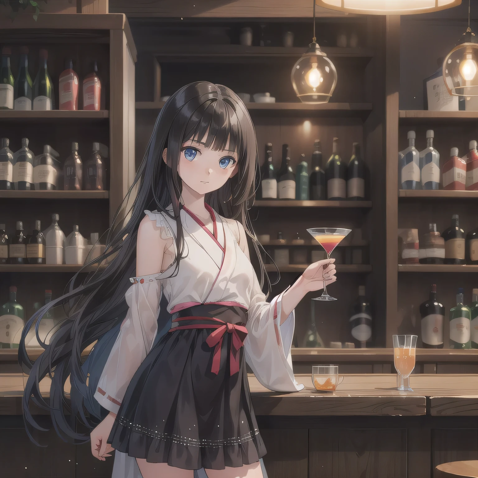 A 2D anime-style illustration. The scene is set inside a dimly lit, cozy Japanese "snack" bar. The lighting is soft and warm, with gentle shadows creating a relaxed, moody atmosphere. Bottles of liquor line the shelves behind the bar, and small round tables are scattered throughout the room. A young woman is standing near a table, wearing a stylish, slightly sexy dress commonly seen in such bars — like a fitted cocktail dress with soft fabrics and subtle glitter. She looks elegant and approachable. The focus is on the warm mood and ambient light. Blue eyes, dark hair, long hair.