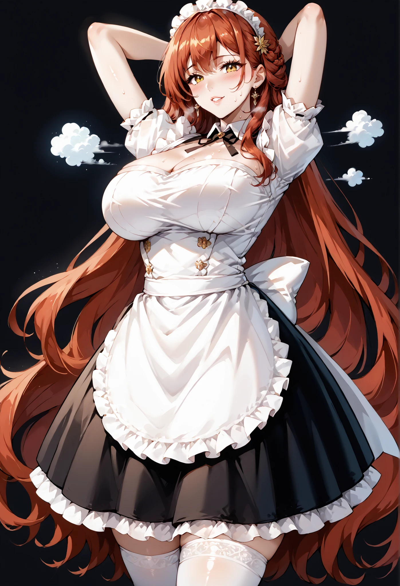 Orihime Inoue,young,fullbody,looking at viewer,looking pityfully,high res,high quality, masterpiece , white heels, bedroom,sfw,mocking smile, white nails,white heels, full body,sexy,housemaid clothing, white stockings,woman with large breasts,making selfie in mirror, hand on hip, laughing, blush on face ,up her skirt a little to see thong,lifts her skirt a little to show her thong,thong