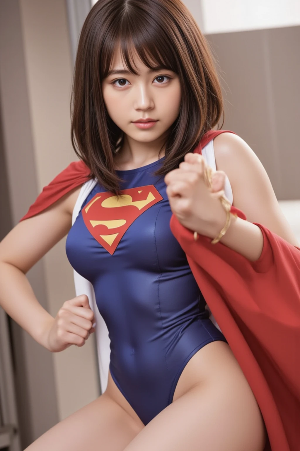 masterpiece、Supergirl Costume、short hair、barefoot、Big and ample breasts、Crisis situation、Complete surrender、Inside the prison、torture chamber、Abused、Humiliating torture、Squatting Pose、shiny sweaty skin、looking at the camera、choker、Long sleeve、Sexy poses to seduce、Off the shoulder、latex、from right in front、Crotch tearing、athlete、Racing Bloomers、Red cloak、Beautiful feet、