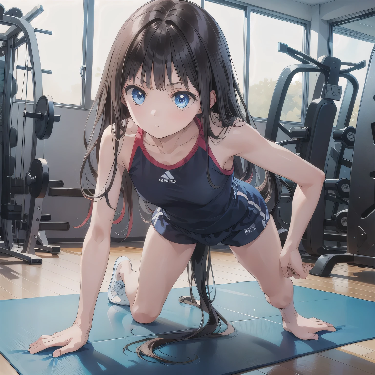 A person doing a plank exercise on a mat in a fitness gym, minimal equipment, bright interior.  Blue eyes, dark hair, long hair.