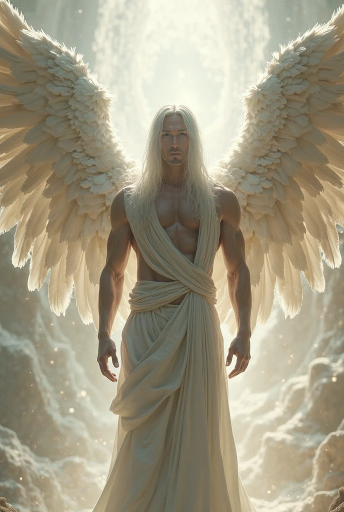 A gentle, white-winged male Asian feature albino angel (simple design) - Soft colors, with a subtle glow, white long hair, white skin, purpled color eyes, most handsome male angel, white and gold large wings, built-in gold armor on chest and arms, large muscular biceps, chiseled ads, define jawline, pearl white lower garment, 32K UHD, masterpiece, best quality, style raw, walking through an enchanted garden of Eden. - Ethereal background, with a subtle texture