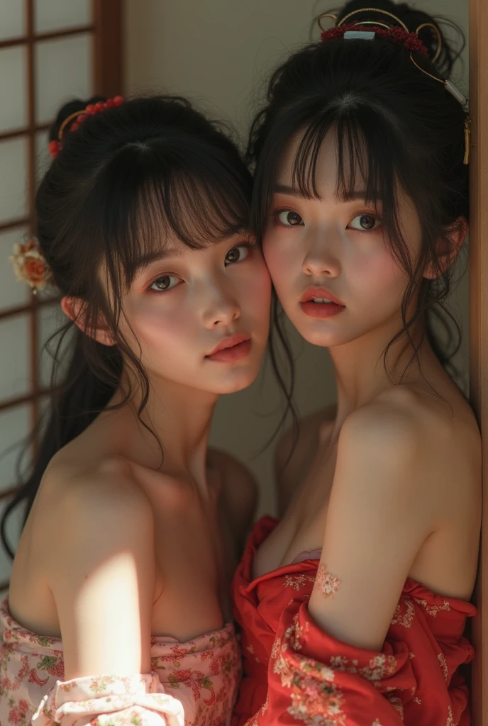 tmasterpiece,RAW photogr,hyper qualit, ultra - detailed,Perfect drawing,Two beautiful girls, Lovers, Dodge kisses, closing her eyes, Kimono beauty, komono, komono, komono, Black hair, japanese hair, half-open lips, Suck your lips firmly, Drooling, elegant, Brilliant, Beautiful, Blush (0.2), Gorgeous, Beautiful, Gorgeous, gentle, Starry sky, Milky Way, Summer triangle, Tanabata and bamboo ornaments, Precise drawings, a detailed drawing,