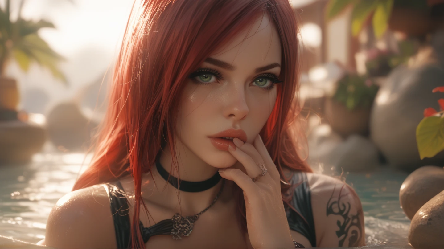 Makima, do homem da motosserra, There is a table in a room with a window and a lamp, Makima is sitting at her desk, red hair, olhos amarelos brilhantes, rosto detalhado, soft lips, pele macia, Rosto extremamente detalhado, qualidade perfeita, pele e cabelo molhados, soft medium breasts, red hair, Moda realista, high-definition sysie details, fotografia , perspicacity, unique 850 4, F1.6 lentes, cores ricas, Textura super realista, textura espetacular, arte surreal, Cinestil 800 mecanismo de moda, Moody, braided red hair, Makima do estilo de cabelo do homem da motosserra