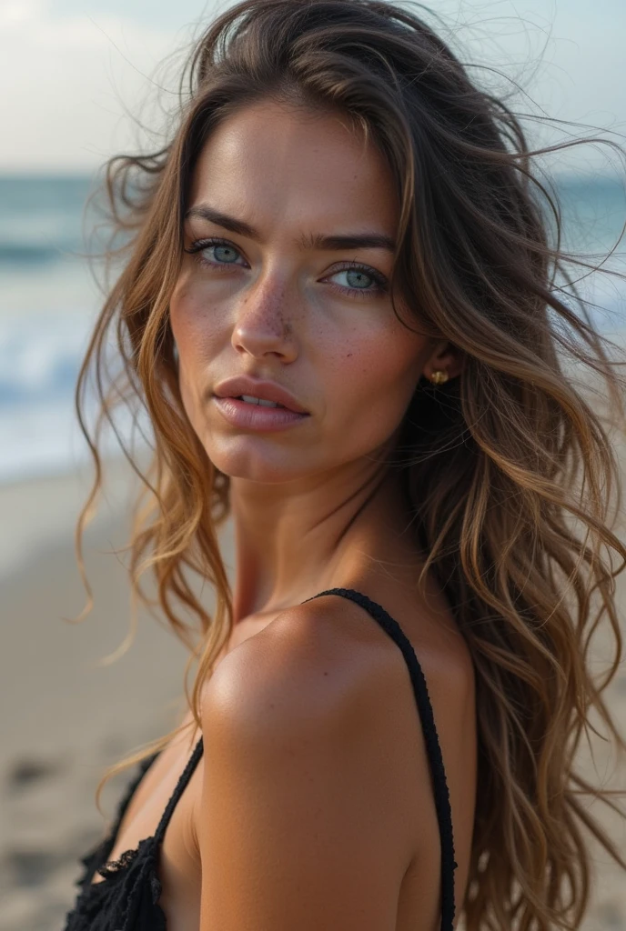 Beautiful brunette with blonde highlights,(22 years old, face innocent, Natural wavy hair, blue eyes), and a woman,t​masterpiece, beste-Qualit, ultradetailed, solo, Outside,analog style (Look at the viewer: 1.2) (Skin texture) (film grains: 1.3), (warm hue, warmer Ton: 1.2), a close up shot of a, Cinema light, side light, extra high resolution, Better shade, SPIRIT,Beautiful brunette with blonde highlights,dark aesthetic lights, very detailed, 22 years old, face innocent, Natural wavy hair, blue eyes, high resolution, ​masterpiece, best quality, Complicated high level of detail, very detailled, keen focus, detailed skin, realistic skin Textur, Textur, detailled eyes, Specialist, 4K, charming smile , filmed with Canon, 85 mm, shallow depth of field, Kodak Vision Color, perfectly fitting body, Extremely detailed, fotr_\(ultra\), photorealestic, realisti, Aftercare, maximum details, roughness, true life, ultra realist, Photo-realism, fot, 8K  UHD, fot, ((Body image)), ​masterpiece, best quality, ultradetailed, Natur, cheerful, Happy, shade, contrast, clear sky, Stil, (warm hue, warmer Ton: 1.2), close up shot, cinematic light, sidelighting, ultrahigh resolution, bester shade, SPIRIT, Face part, serious look, Normal breasts, 4K, Natur, Lace, lying on the ground, right camera looking, sexy pose, Dubai, desert, Sunset view in Background