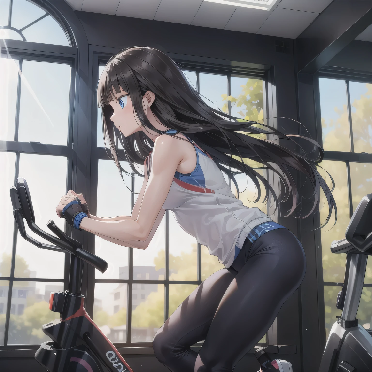 A fitness gym, a person training on a stationary bike, side view, bright morning sunlight through large windows. Blue eyes, dark hair, long hair.