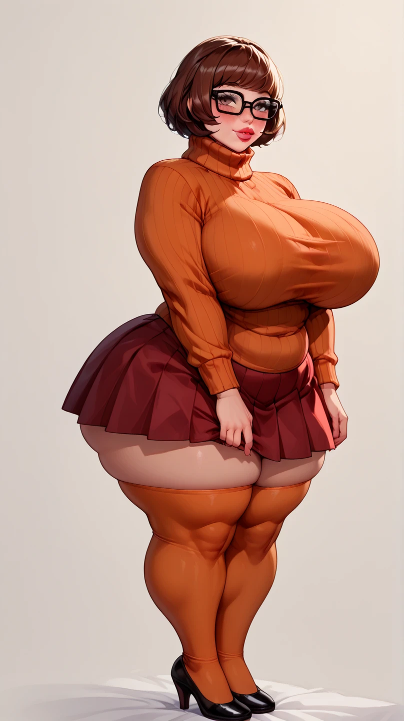 1 girl, hyper curvy Lana Kane, Archer Tv show, ((tight mini sweater dress)), no pants, thicc, pink lipstick, dark hair, silver hoop earings, dark skin, high heel shoes,
Hyper ass, wide hips, thick thighs, (holding gun), huge wide hyper breasts, perfect face, covered nipples, fat hard nipples, goregous, expressive eyes, office background