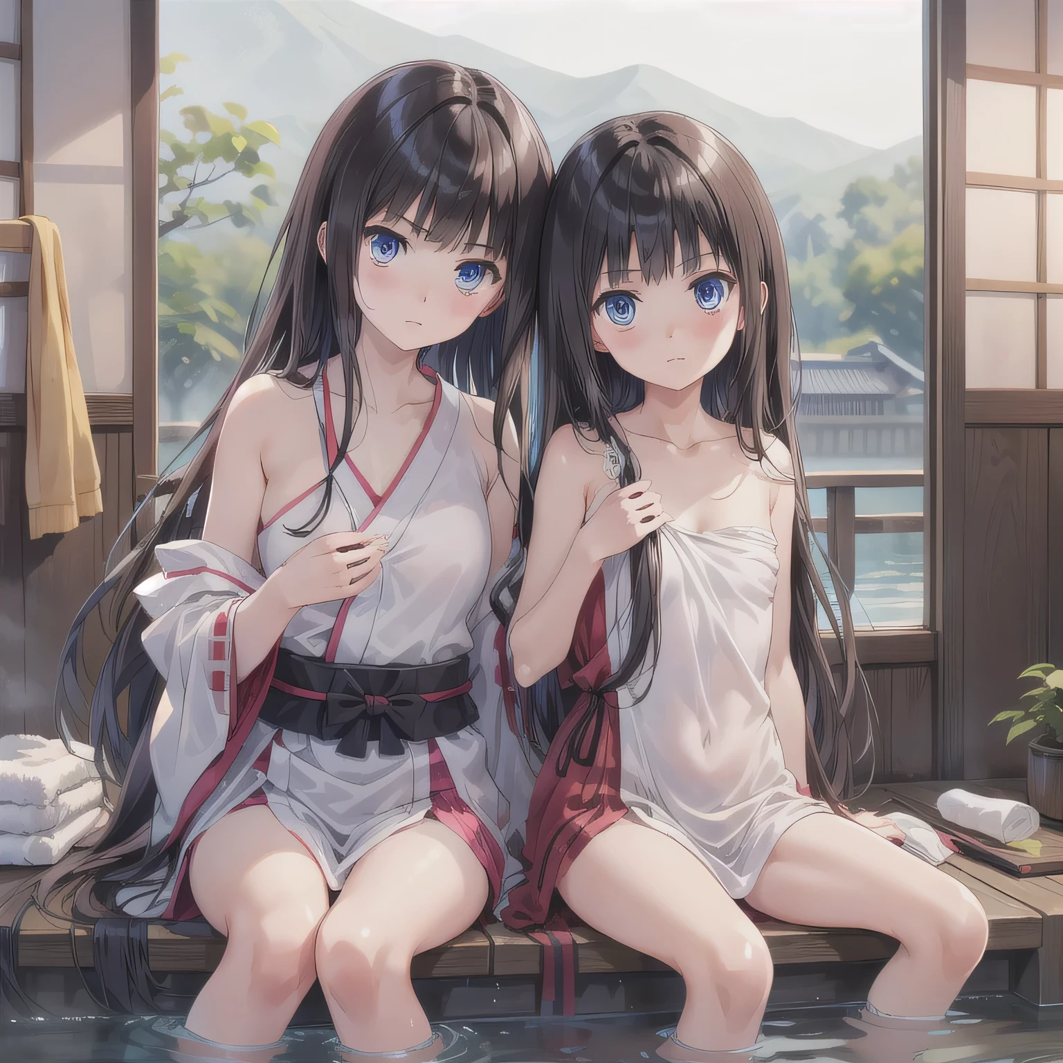 The background is a traditional Japanese public bathhouse (sento). The character is wrapped in a towel around the body, preparing to enter the bath. Blue eyes, dark hair, long hair.
