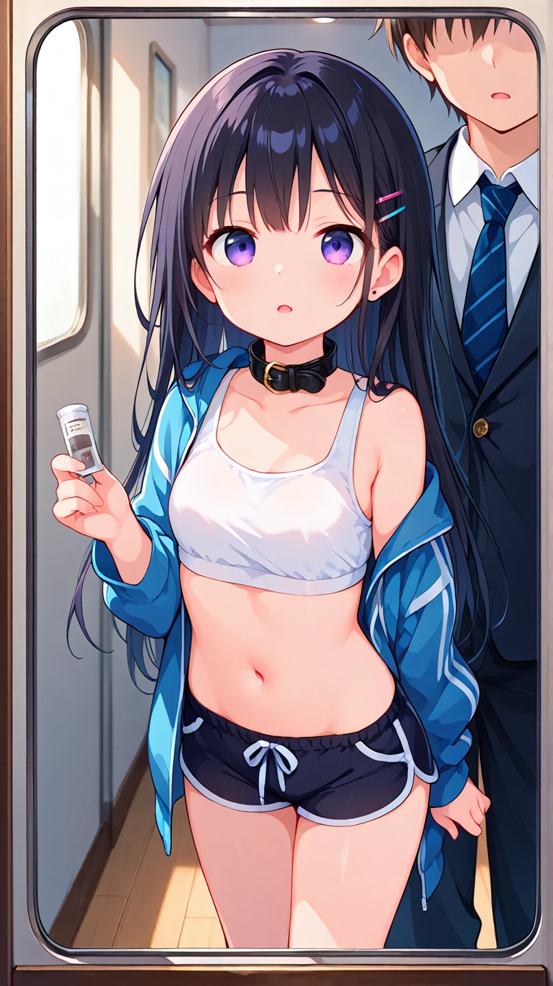 Small breasts、Small breasts、手でHide、hand bra、Hide、Black Skirt、Blushing、school uniform、Embarrassed expression、日本の、Black Skirt、Not wearing a bra、Light purple hair、Semi-long hair、Pale purple eyes、、Blushing、lipstick、Perfect hands、Detailed hands、on the train、、hand bra、toilet