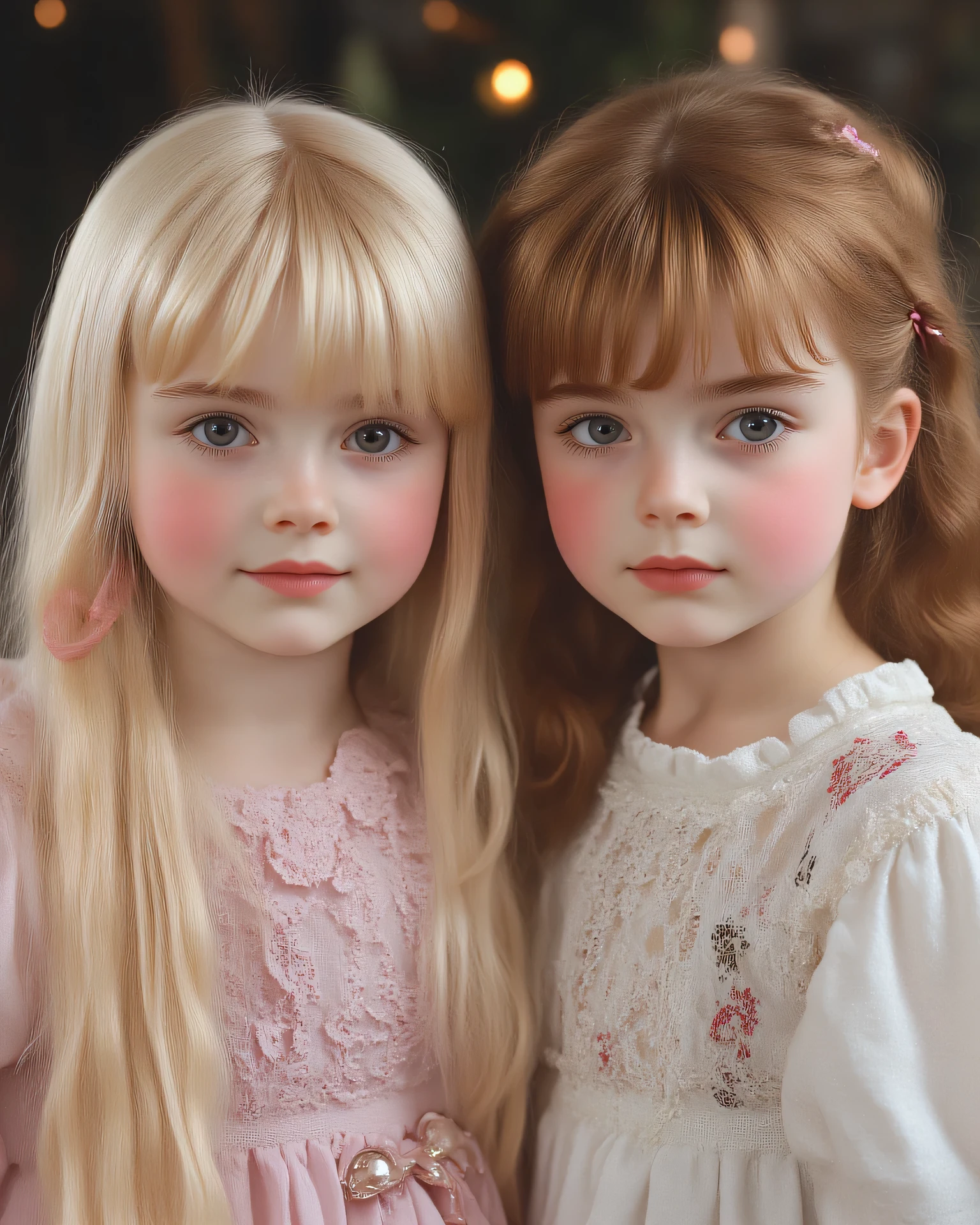 Realistic 4k photo with two beautiful s , white porcelain leather, light blue eyes, rosy cheeks, They are Russian. She is a girl with bangs and long straight BLACK hair with a red ribbon and a GIRL WITH LONG BLONDE HAIR. They are adorable, with long hair, high resolution, hair tie, Accurate, best quality, They smile