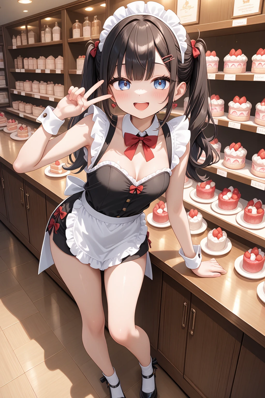 NSFW,masterpiece,Highest quality,High resolution,Super detailed,marnie_\(pokemon\),Aqua Eye, Black Choker, Red ribbon,Maid clothes,Small breasts,blush,(Pokémon Center)