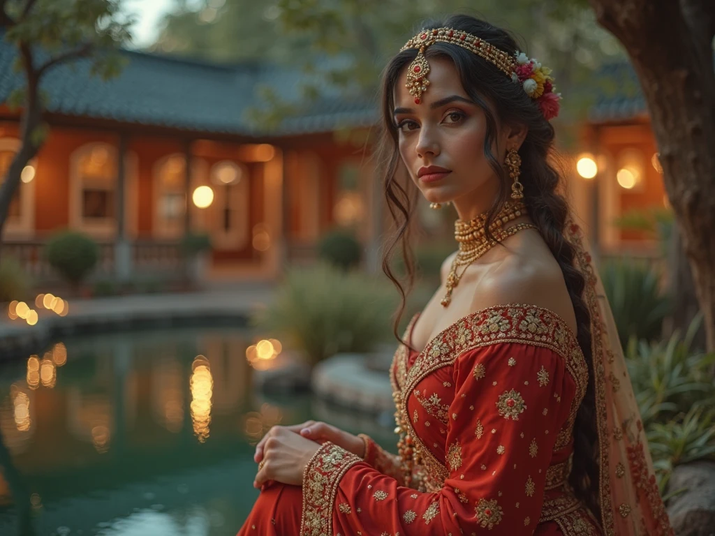 An Indian vampire woman with golden-brown skin and long, flowing black hair, blood dripping from her lips as she wipes it with the back of her hand. She wears a deep red sari with intricate gold embroidery, now tainted with blood. The setting is the Taj Mahal under a starless night sky, the white marble reflecting the faint glow of the moon. She stands in the garden, her eyes cold and distant after a fresh hunt.