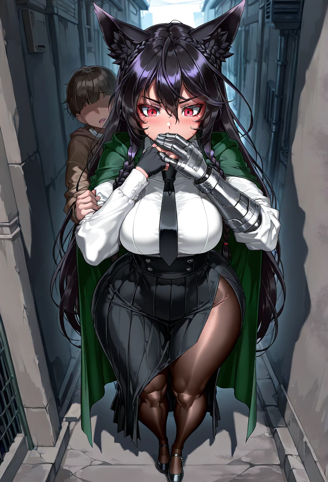 ((((masterpiece)))), high quality, very_high_resolution, large_filesize, full color, ultra detailed, perfect face, perfect anatomy, intricate, (highly detailed), (looking at viewer, perfect finger, high colour saturation, high brightness, transparency, :1.2)
BREAK
BREAK
(black long straight hair, hime cut, slender girl, huge boobs,  light purple eye:1.1)
BREAK
(yamashiro768, YamashiroRen, blunt bangs, hair ornament, military uniform, epaulettes, white gloves, red cape, black pantyhose, leash collar,  big slave collar, , from front, on the wood desk:1.1)
BREAK
 (both hands paw pose, spread legs, squatting pose, blush,clenched fist, humiliation, angry face, annoyed, frowning, shame, tears, :1.3),
BREAK
<lora:LCM_LoRA_Weights_SD15:0.2> ,<lora:flat1:0.2><lora:add_detail:1>,   <lora:dim32Nai10_yamashiro768:0.7>