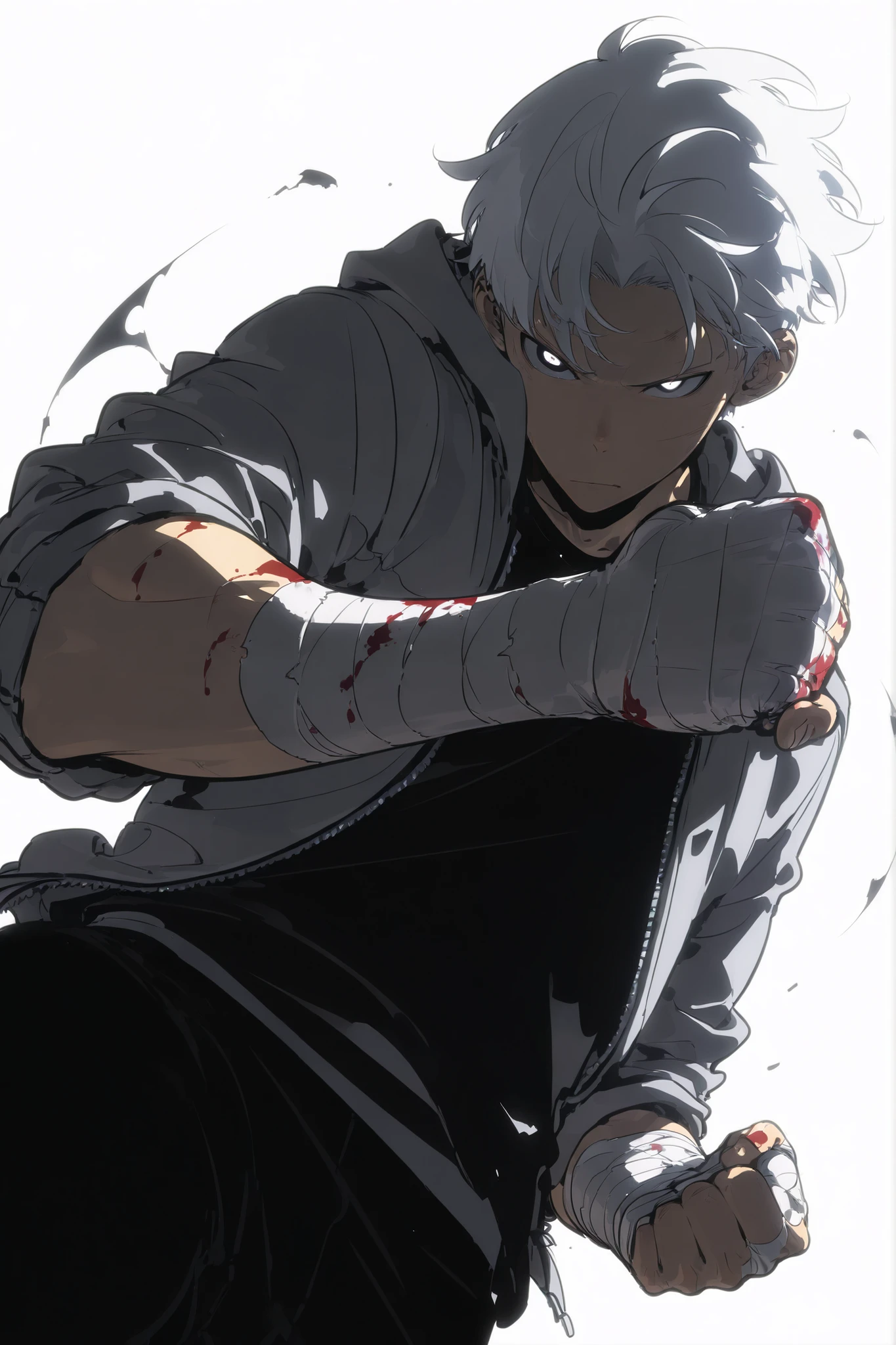 Handsome, Athletic, alone, male, Short spicky hair, long white hair, black orange eye, black shirt, white orange and black unzipped hoodie with rolled up sleeves, black pants, , intricate sketch, expressive eyes nose and mouth, simple pose, clench fist, blood on his fists , perfect Anatomy , ripped, Wraps bandages on his fist , hand perspective , dutch angle, wraps bandage on his fist, white background
