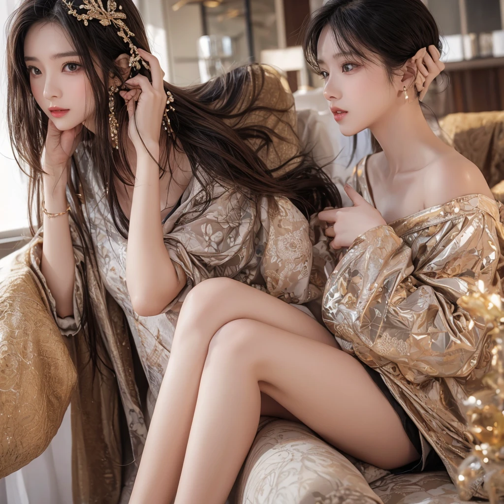 ((Highest quality)), ((masterpiece)), (detailed), (Perfect Face)、The woman is wearing a gorgeous, glittering Hanfu with gold embroidery and trim, and an engagement ring.、On a luxurious bed, a woman embraces a middle-aged Chinese man and has sex with him, making love.