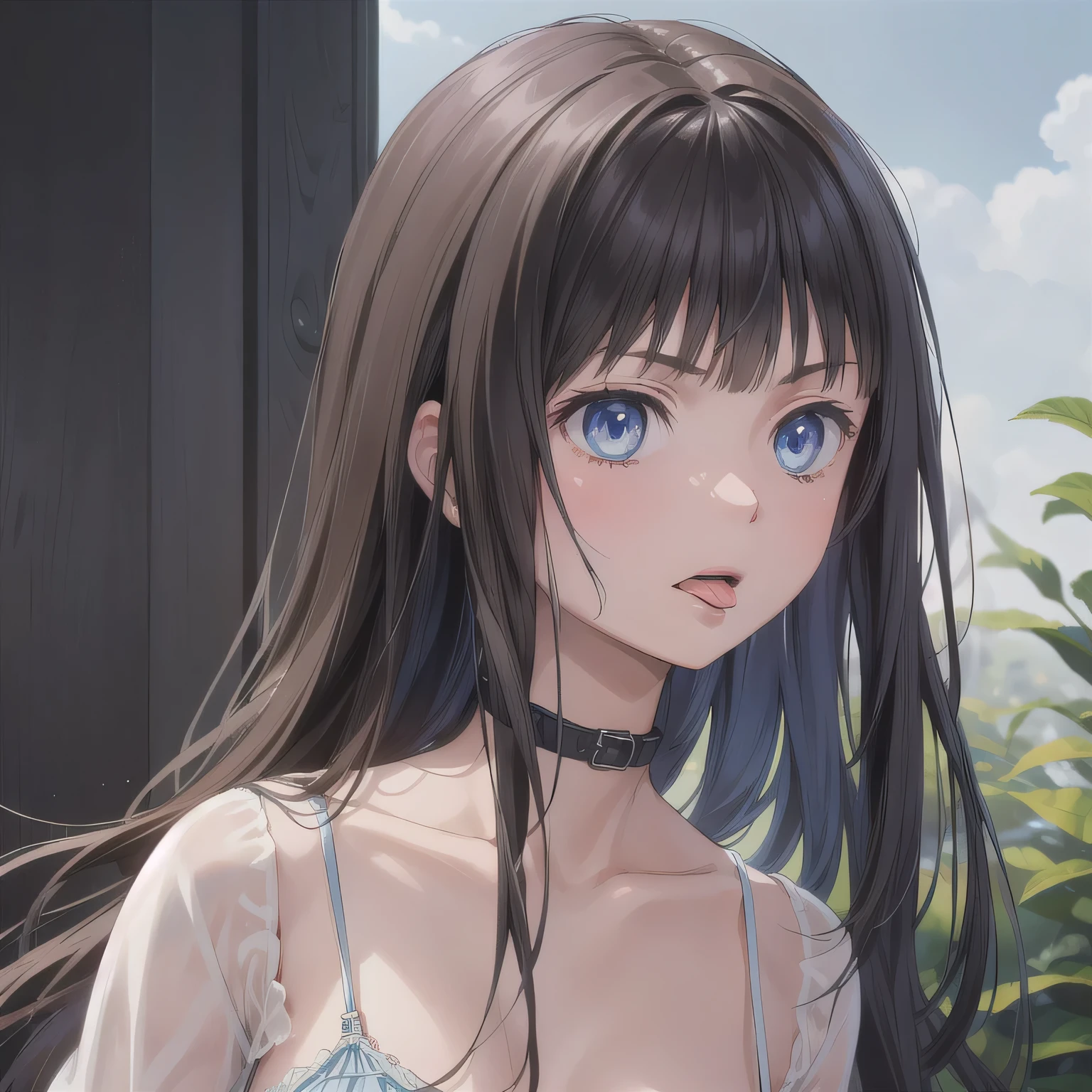 NSFW. A girl just swallowed. She shows a clear expression of discomfort and distaste, slightly sticking out her tongue as if reacting to the bitter taste. Her throat appears subtly tense, capturing the natural motion of swallowing. The atmosphere suggests the moment right after drinking, with a focus on the unpleasant expression and the realistic detail of the throat. Blue eyes, dark hair, long hair.