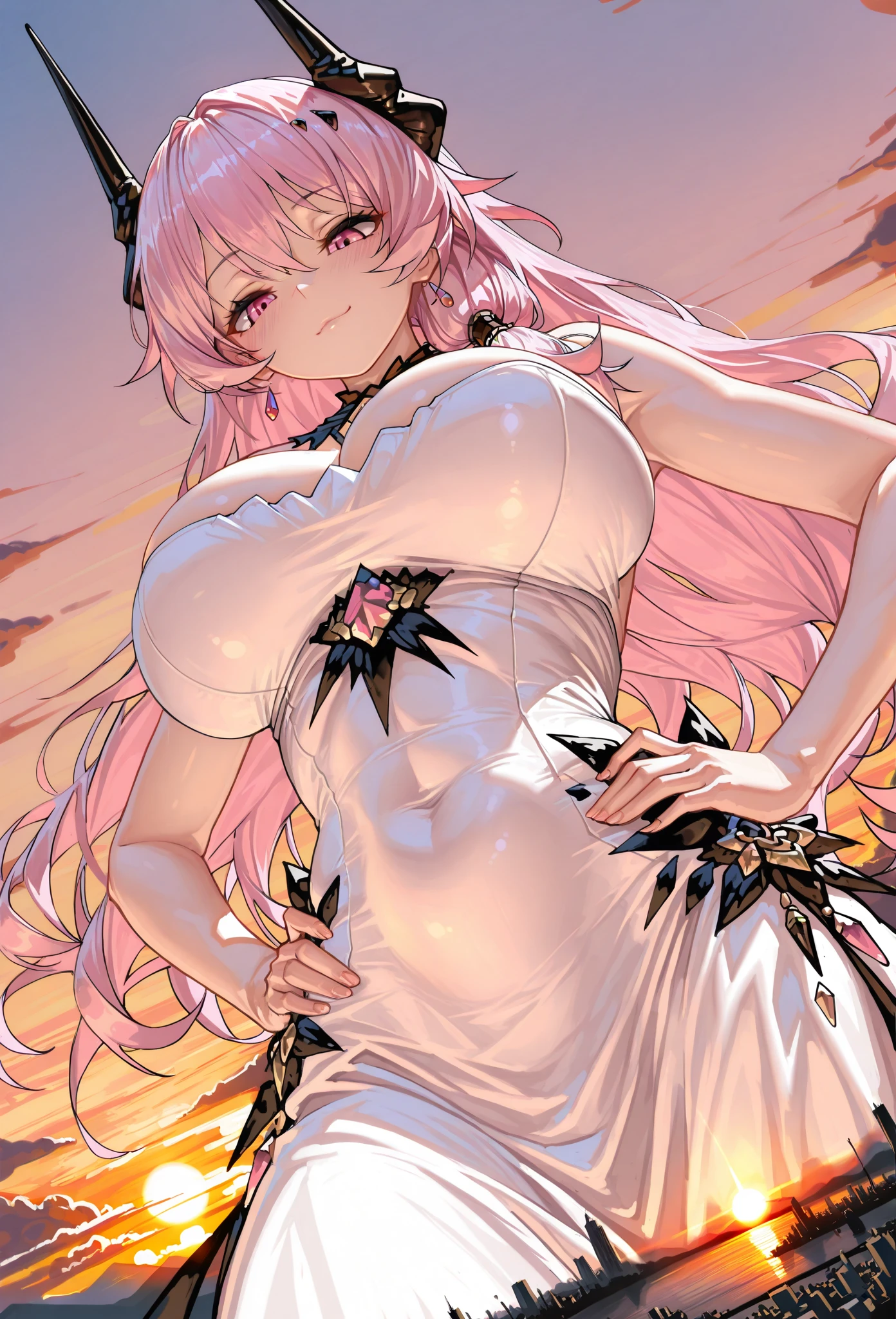 (high quality, 8k, 4K, high contrast, artwork:1.2, high quality, best aesthetics), (dynamic angle), ((1 woman)), erotic, sensual, mature body, super detailed, beautiful face detailed, beautiful eyes detailed, detailed beautiful mouth, sexy body, perfect breats, perfect wide thighs, (long messy pink hair), (red eyes), (Serious facial expression), (rose flower tattoos on the arms and in the middle of the chest), (women's long white kimono), (standing), (centered), (looking at viewer), (thighs exposed)