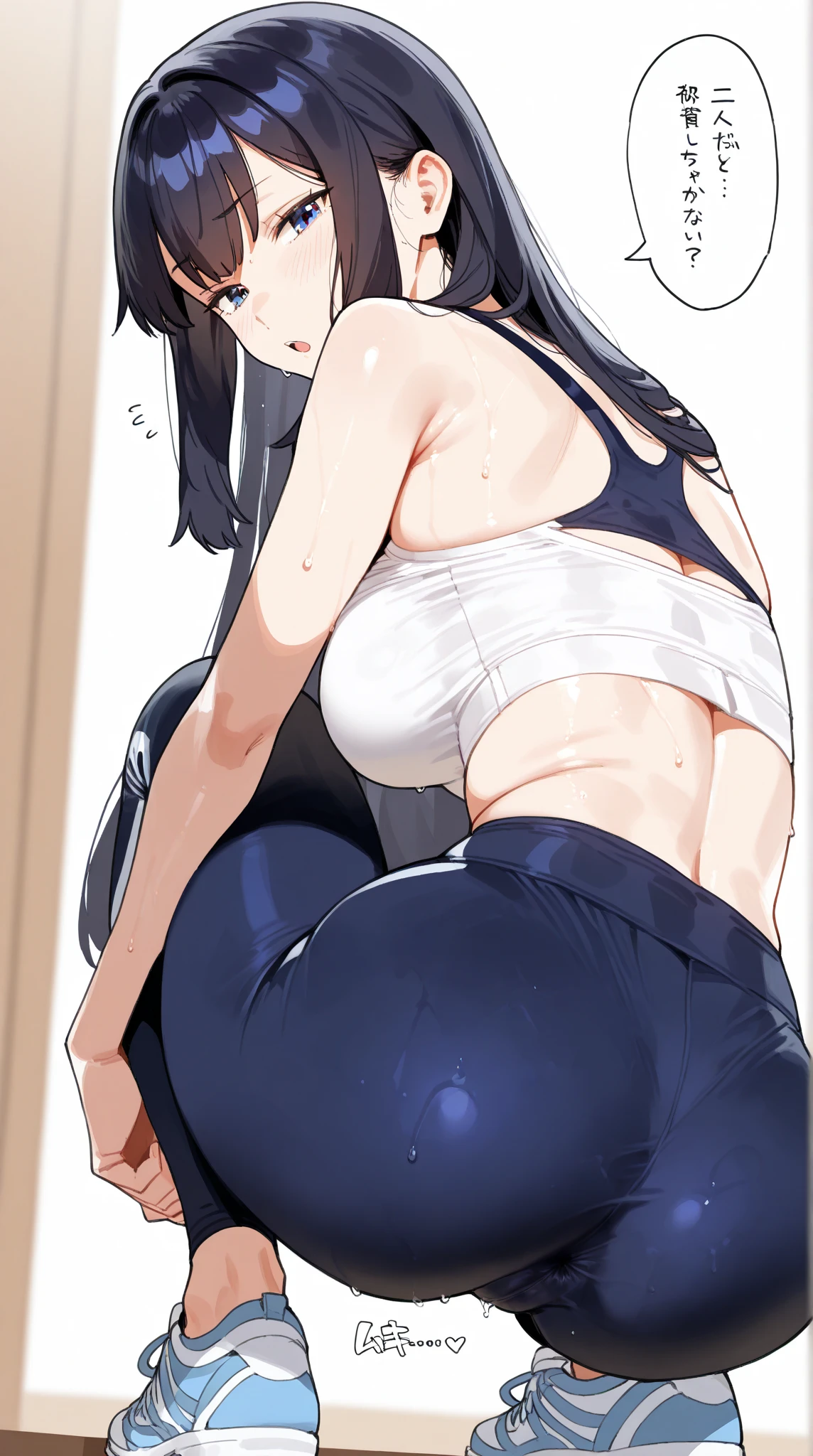 2 Asian girls, anime girls, both farting together side by side, pooped in pants, farting while standing, farting in public changing room, wearing fencer suit, stomach bloated, poop bulge in pants, hands hugging stomach, pained expression, shocked and embarrassed, mouth open in shock, sweating, blushing, beautiful and cute face, anime art style, fit body, tall and thin, view from side, legs open wide