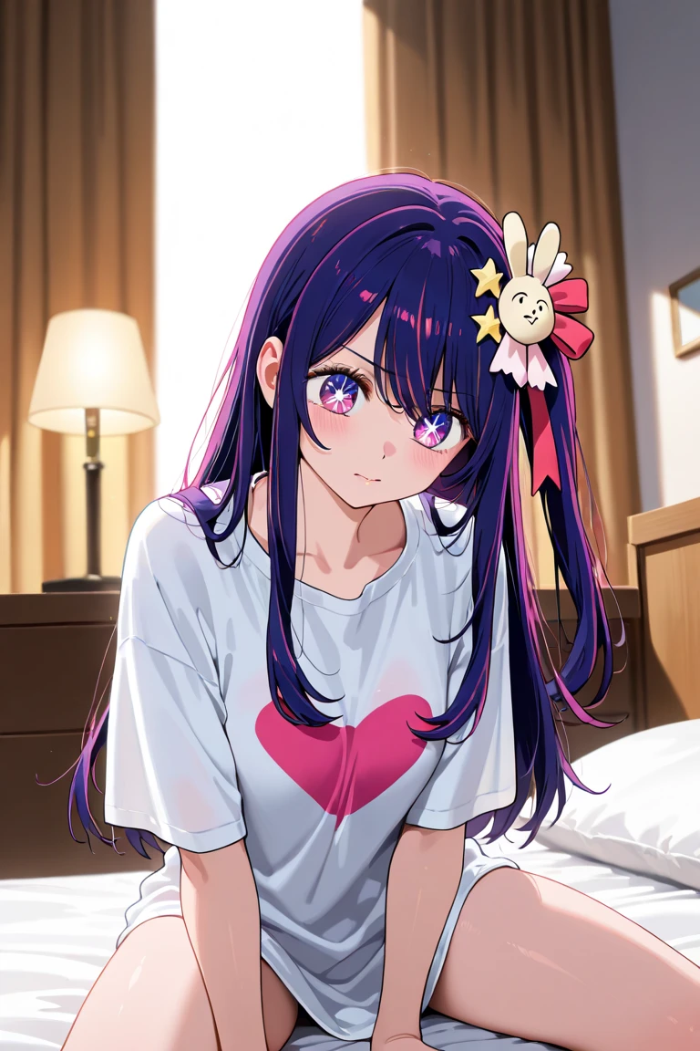 {{{{{mochizuki anna}}}}},1girl,solo,long hair,purple hair,small_ahoge,blue eyes.short stature.white t-shirts.suspenders.skirt.(((masterpiece))).(((best quality))).((ultra-detailed))).(((illustration))).night view.big breasts.up chest.Sad face.open mouth.PILLOWS.a bed.Spread your arms.sweat.