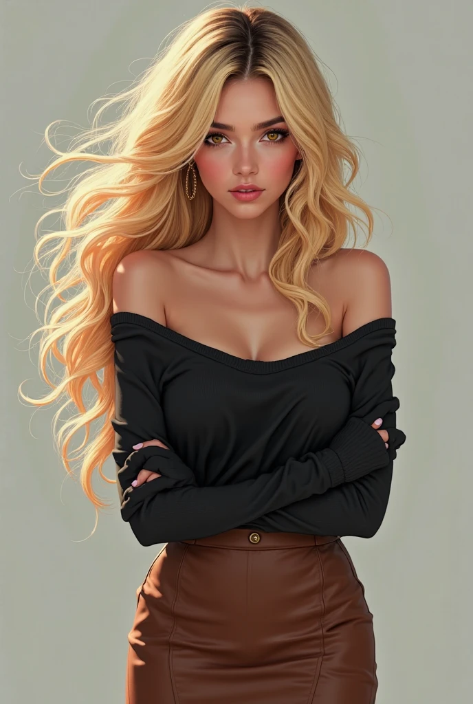 (Selena Gomez:emma Watson:0.7), age 26, Solo, Long hair, Colossal tits, Looking at Viewer, blondehair, Bare shoulders, Brown eyes, jewely, Full body, a necklace, off shoulders, Sweaters, Realistic, A sexy