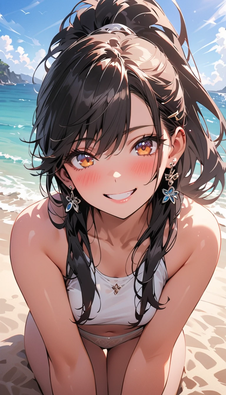 (Masterpiece: 1.2, highest quality), (Cat Ear Lady, Solo, Upper Body: 1.2), Clothing: Flowing, Bohemian, Colorful Print, Appearance: Long Wavy Hair, Natural Makeup, Multiple Ear Piercings, Behavior: Bohemian, Spontaneous, Sociable, Location: Beach Town, Tropical Island or Desert Oasis, Hobbies: Surfing, Yoga, Dancing